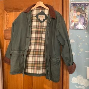 Vintage fall jacket, corduroy lining with inner plaid lining, forest green coat